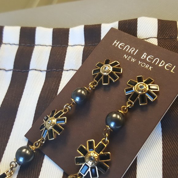 RARE Henri Bendel Black PEARL Cocktail Dangle Drop Earrings Yellow GOLD Swarovsk - Picture 5 of 10